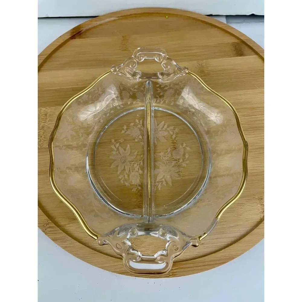VTG Cambridge‎ Divided Handled Relish Glass Dish Wildflower Clear Gold Trim